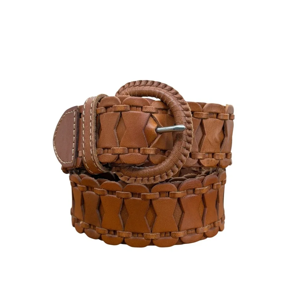 Fossil Leather Belt Womens SZ M Brown Western Boho Woven Covered Buckle Cottage